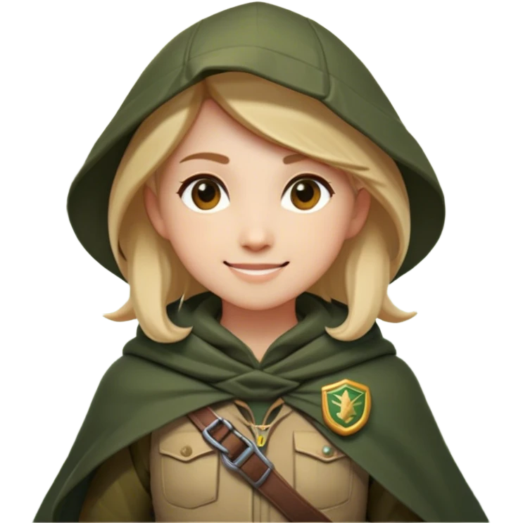 Clash of Clans aesthetic Playful Ranger Portrait Emoji, Head tilted with a friendly, mischievous smile and bright, curious eyes, featuring a compact, nimble build outfitted in rugged, earthy gear and a stylish cloak, his natural skin tone adding authenticity, Simplified yet irresistibly charming features, highly detailed, glowing with a warm, inviting forest glow, high shine, spirited and lively, stylized with an air of whimsical woodland adventure, soft glowing outline, capturing the essence of a playful ranger exuding friendly natural charm! emoji