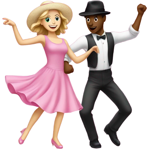 A white girl dancing in a pink dress with a white guy dancing in a pink hat emoji