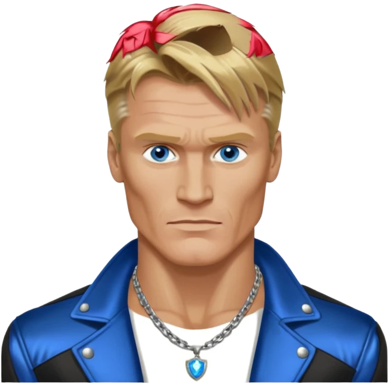 Dolph Lundgern with shirtless with necklace, blue eyes, dark blonde hair, metallic black jacket emoji