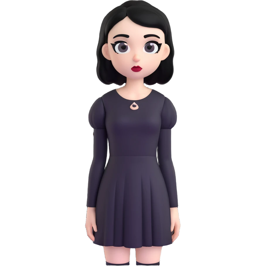 goth girl, pale skin, black hair, dramatic eyeshadow, black dress, 3D emoji style emoji