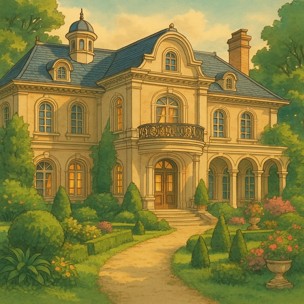 luxury dream house, elegant architecture, lush garden, soft lighting, ghibli style emoji
