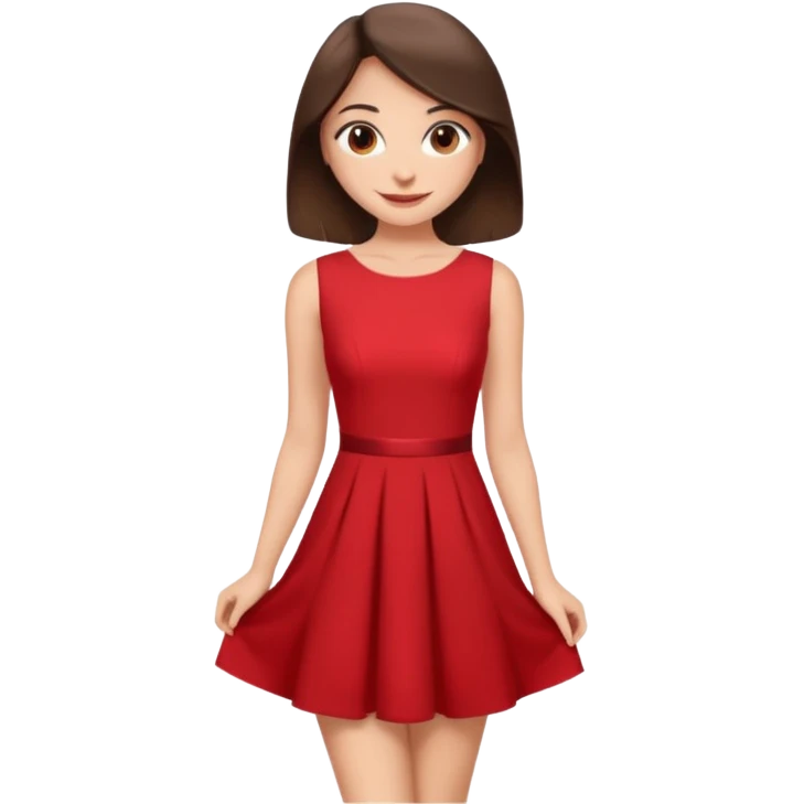 Cartoon emoji of a young brunette woman with fair-medium skin, brown eyes, wearing a red outfit. Full-height, standing confidently in a red dress  posing sexy with a smile and relaxed posture. Smooth, friendly, stylized, make up on, flirty eyes and smile emoji