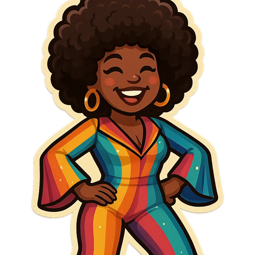 Create an emoji of a female African American in 1970s disco style with a pose with both hands on hips, joyful expression, afro hairstyle, and a colorful disco jumpsuit inspired by the reference. emoji