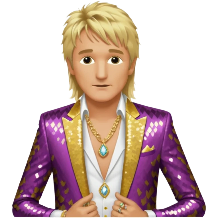 Rod Stewart with long blonde hair, gold sequin suit jacket, shirtless with necklace emoji