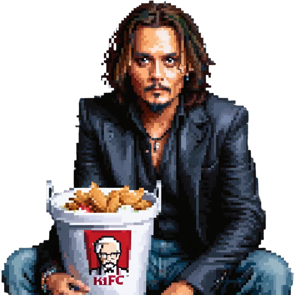 Johnny Depp sitting in a KFC bucket, long hair, goatee emoji