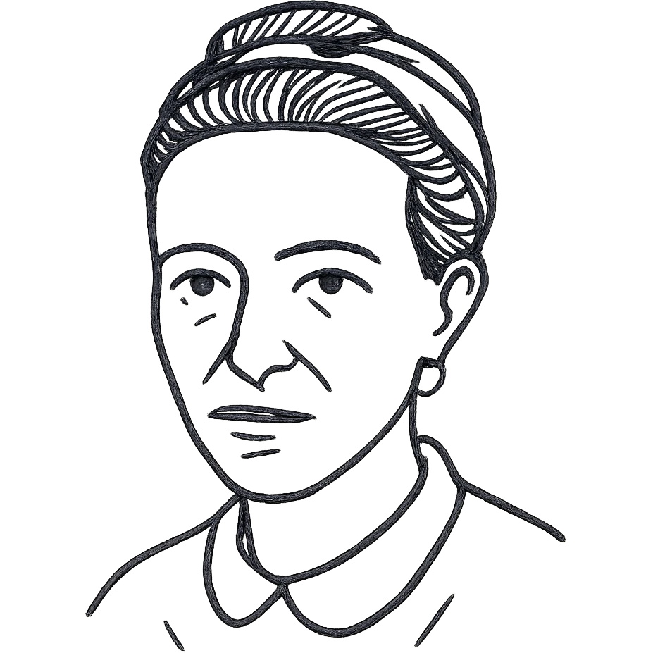 a hand drawn black outline portrait of philosopher Simone de Beauvoir with similar-sized eyes based a famous photograph of her emoji