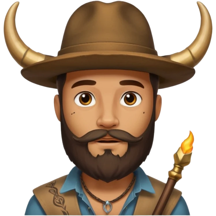 Bearded figure — large brown hat with horn, tattoo on face emoji