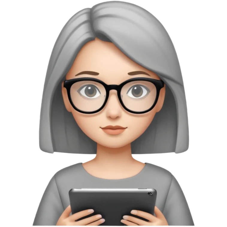 girl in a light gray dress and black square glasses studying with an Ipad. emoji
