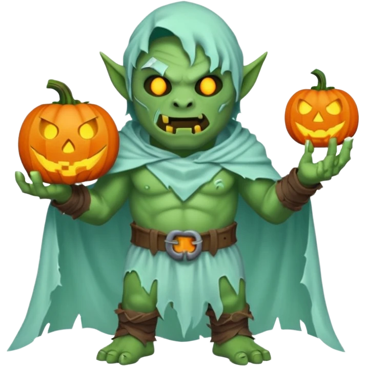male orc warrior ghost emoji, green skin, tusks, wearing torn white ghost sheet costume, holding glowing jack-o'-lantern, faint blue aura, friendly but spooky expression, Halloween fantasy theme, Apple emoji style, clean white background, square emoji