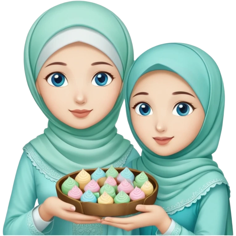 Turkish beautiful finish Konya girl blue eyes with mint hijab islamic dress and had on her hand text Eid Mubarak with sweets and celebrating with her friends eid days   emoji