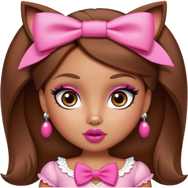 Bratz doll character with brown hair, pink bow, large lips, and almond-shaped foxy eyes emoji
