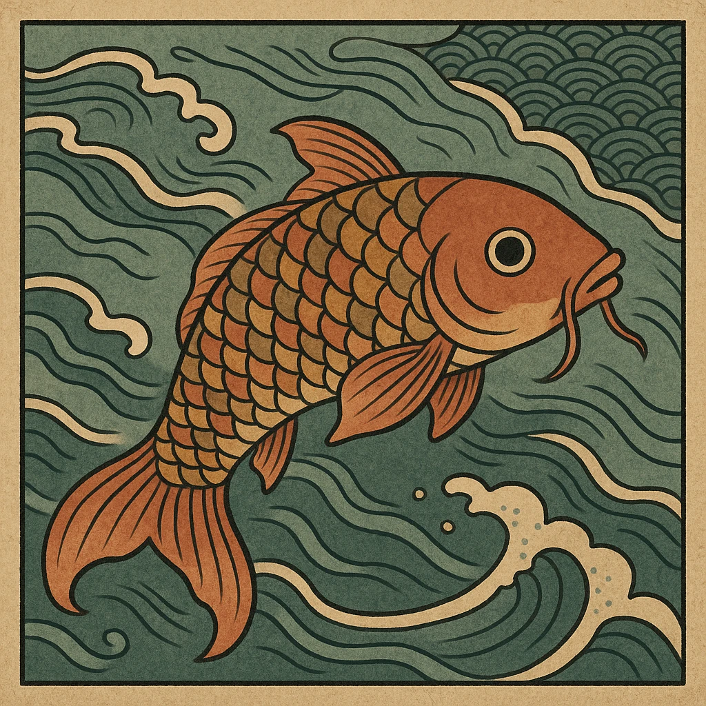 ukiyo-e style illustration of a koi fish swimming emoji