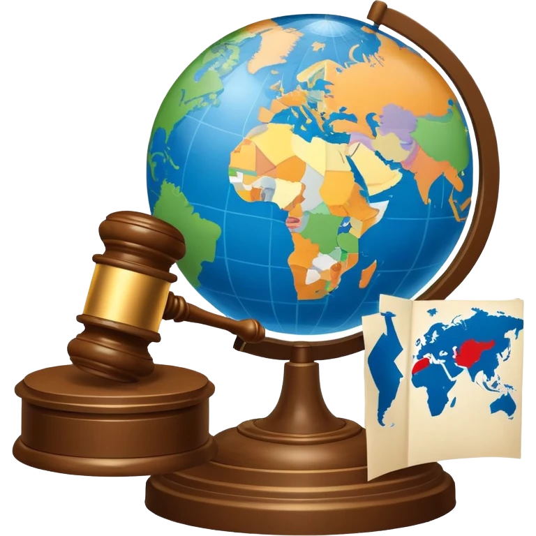 An icon featuring a globe with a gavel and a political map, symbolizing political science. The design includes a ballot box and a podium, representing democracy and governance. Transparent background highlights the study of political systems and global relations. emoji