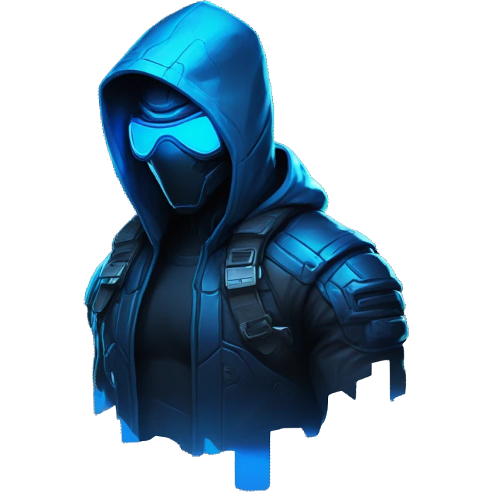 developer behind his laptop with this style : crysis Cyberpunk Riot Games Valorant neon glowing bright blue character blue black hooded assassin themed character emoji
