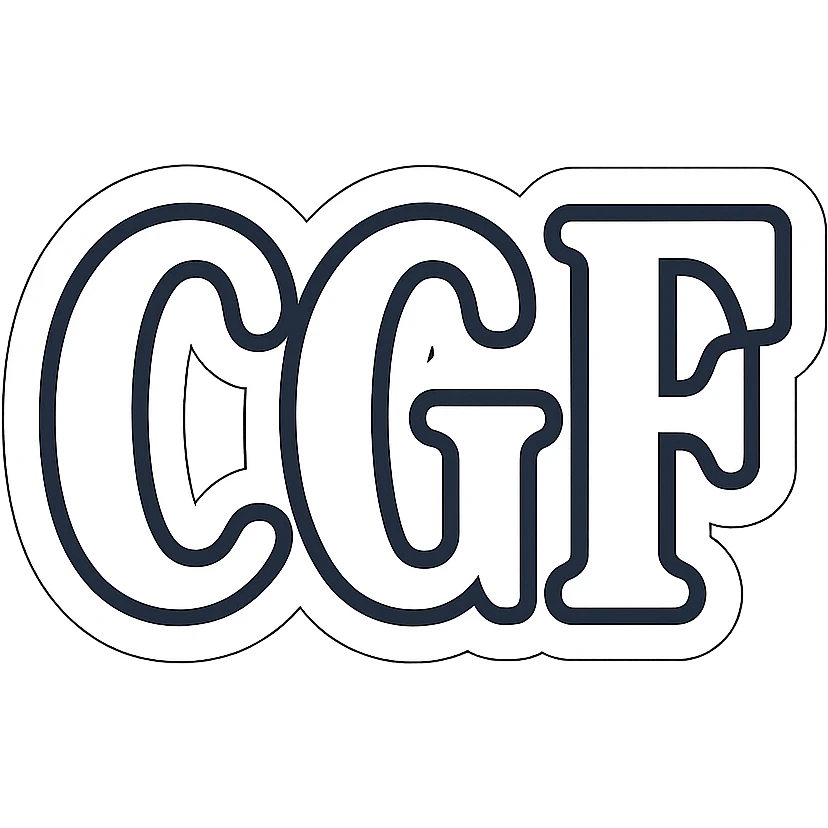Discord emote, 'CGF' in a classic font, white fill, thick white outline, centered, high contrast, transparent background, 128x128 emoji