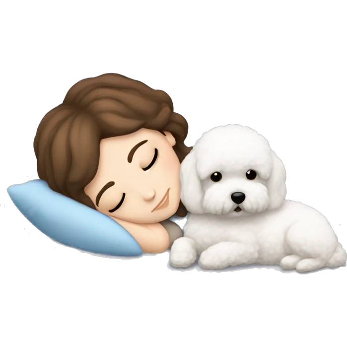 White girl brown hair sleeping with Mini Bichon emoji