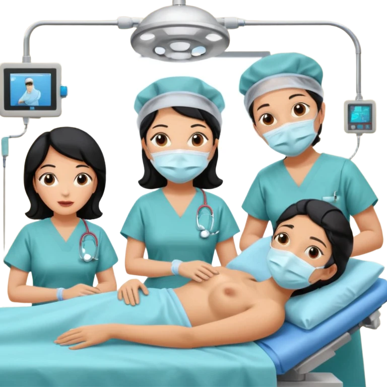 A colonoscopy procedure in progress in a clean operating room, featuring a black-haired woman in her 50s lying on an examination bed, with three doctors wearing surgical caps, masks, and gowns performing the procedure. emoji