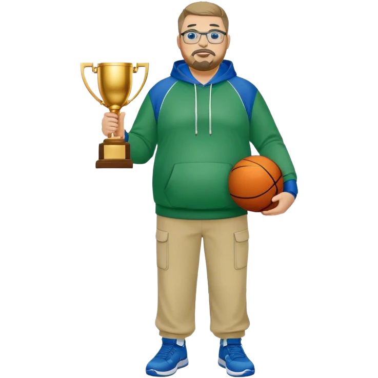 full body white obese male basketball coach with trophy. Goatee , Wearing glasses and blue and green hoodie and khaki pants emoji