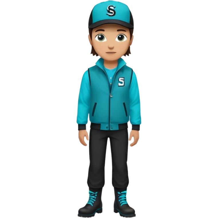 A landscaper in a beautiful turquoise jacket with long sleeves and turquoise boots, black pants, and a black sleeveless shirt. On his head is a black Swissotel baseball cap. The girl is a brunette with blue eyes. emoji
