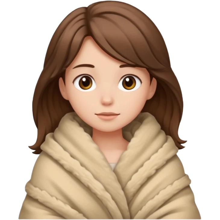 brown haired girl wrapped up in fluffy beige blanket emoji