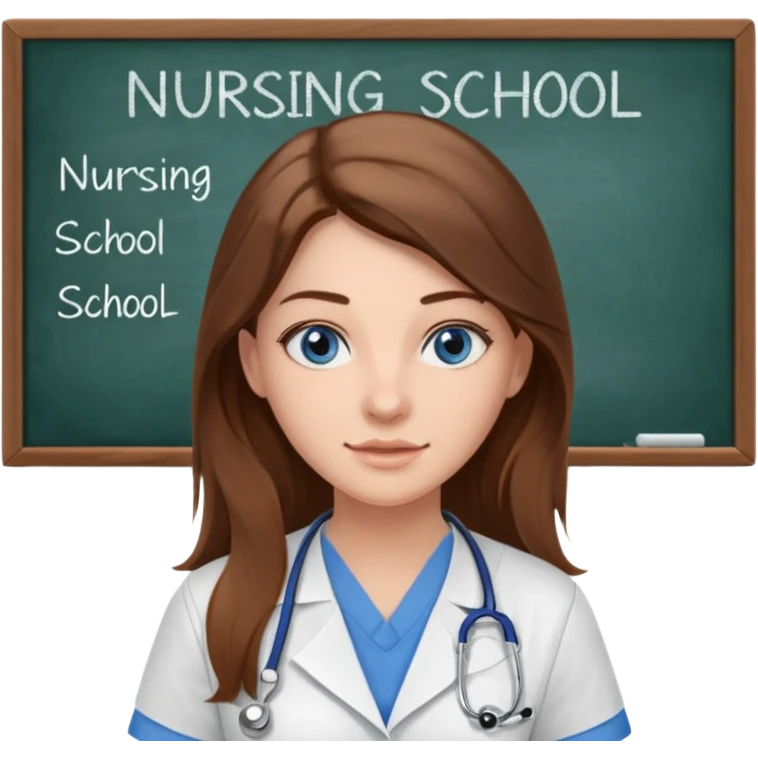 inside a classroom at university that says nursing school on the board with a pretty female nursing student with long brown hair, blue eyes emoji
