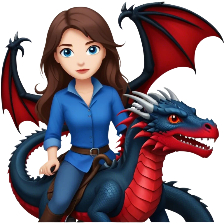 Me, a white female with long brown hair, and blue eyes, wearing black and red, and riding a very black wyvern dragon with hints of red, to your work emoji