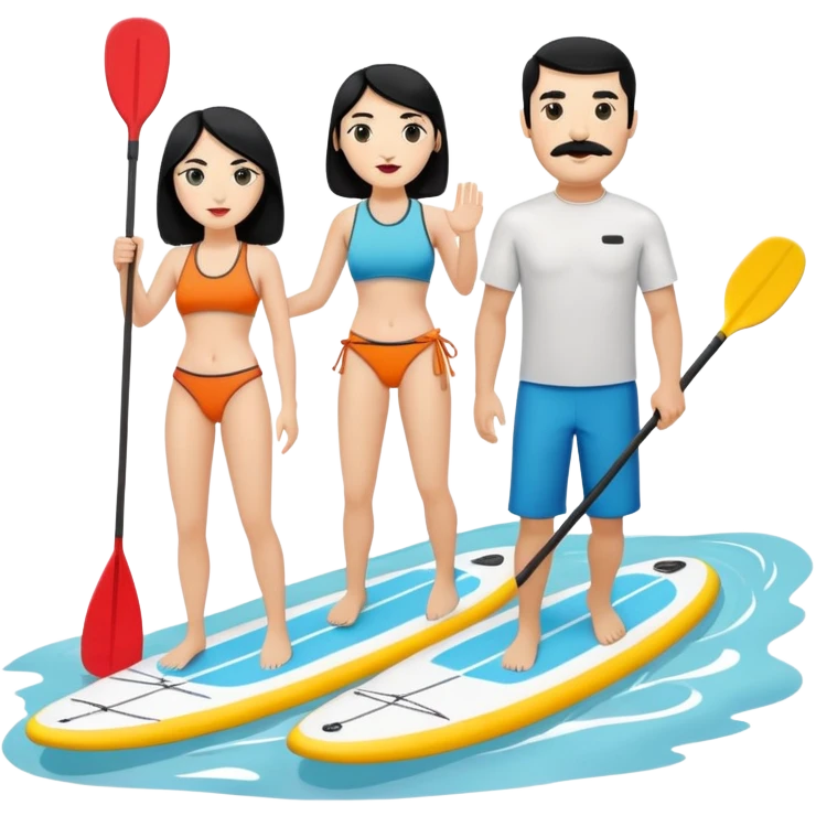 Make a couple paddle boarding both white skin and black hair and the guy has a black mustache, both in the same paddle board emoji