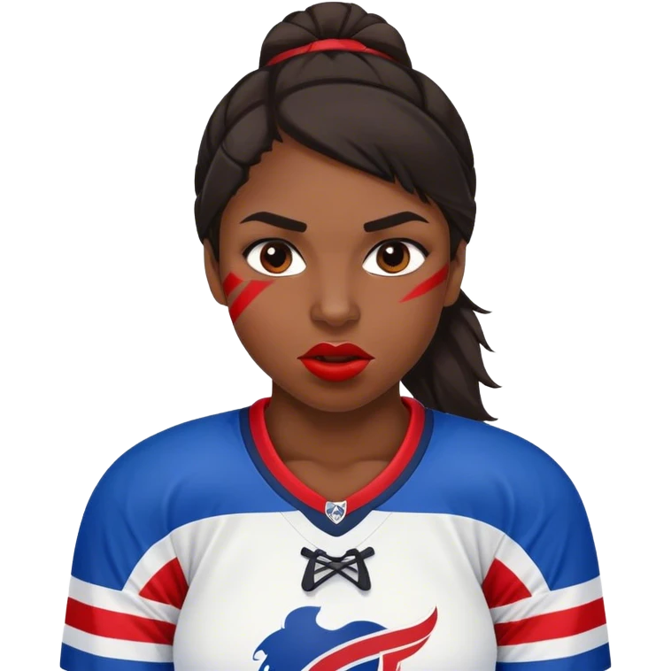 Mujer jugadora de hockey morocha con camiseta rayada horizontal de color azul, blanco y rojo, mordiendose la boca emoji