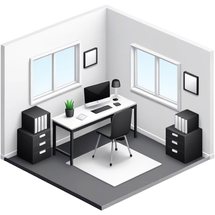 An isometric 3D room with two white walls that meet at the back left and right and a single Window. Black and White Home Office Room emoji