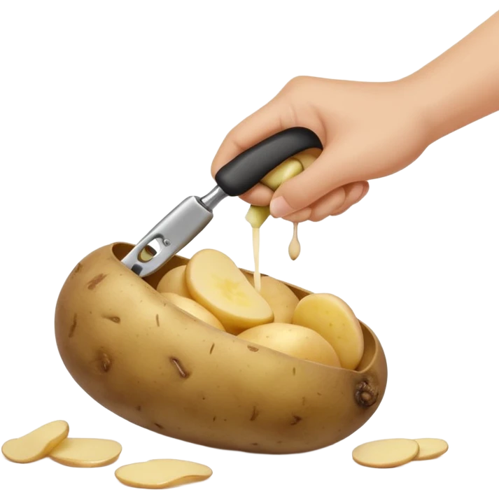 hand peeling a potato with a small kitchen peeler, potato skin curling off, simple white background, realistic textures, clean and bright, fun expressive design



 emoji