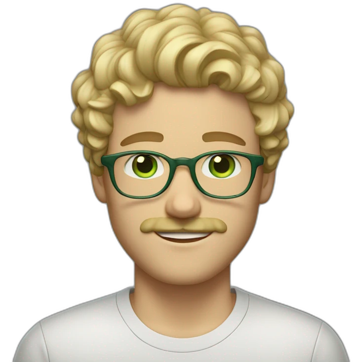 young adult white man with short, curly blond hair, green eyes, transparent acetate glasses, a mustache, and a short beard. emoji