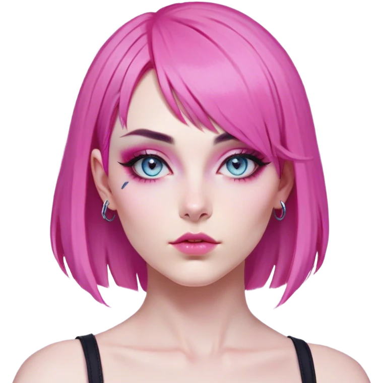 Vi from Arcane (Netflix Animation)

Face Shape: Strong, angular with high cheekbones and a defined jawline. Slightly pointed chin.
Skin Tone: Fair with a pinkish undertone.
Eyes: Large, almond-shaped, slightly downward-tilted, grey/light-blue.
Eyebrows: Thick, sharp, slightly arched, adding to her bold expression.
Nose: Small to medium with a slightly upturned tip.
Lips: Full but not overly plump, often pursed or smirking.
Hair: Vivid pink/magenta, left side shaved, right side with long, voluminous bangs partially covering her eye. The back is short and messy.
Other Features: Light freckles, a scar on her right eyebrow.
Expression: Intense and confident, often smirking or glaring.
Accessories: Small silver hoop earring in her left ear.
Tattoo: Roman numeral "VI" on her left cheekbone, below her eye. emoji