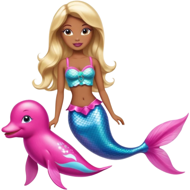 Brown skin blonde hair barbie mermaid with pink dolphin  emoji