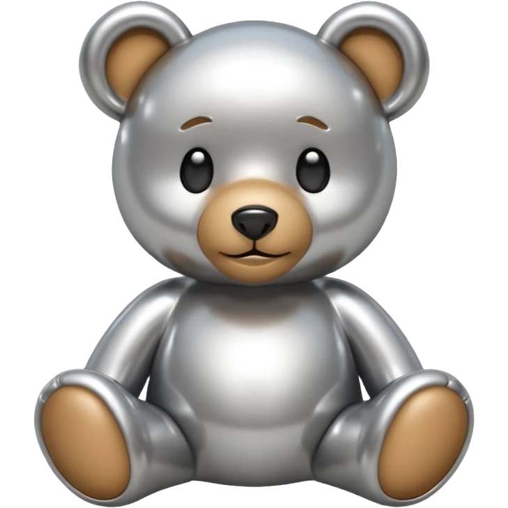 A cute teddy bear emoji made of liquid silver chrome, smooth rounded body, glossy metallic surface, soft reflections, friendly proportions, iOS emoji style, centered, clean white background emoji