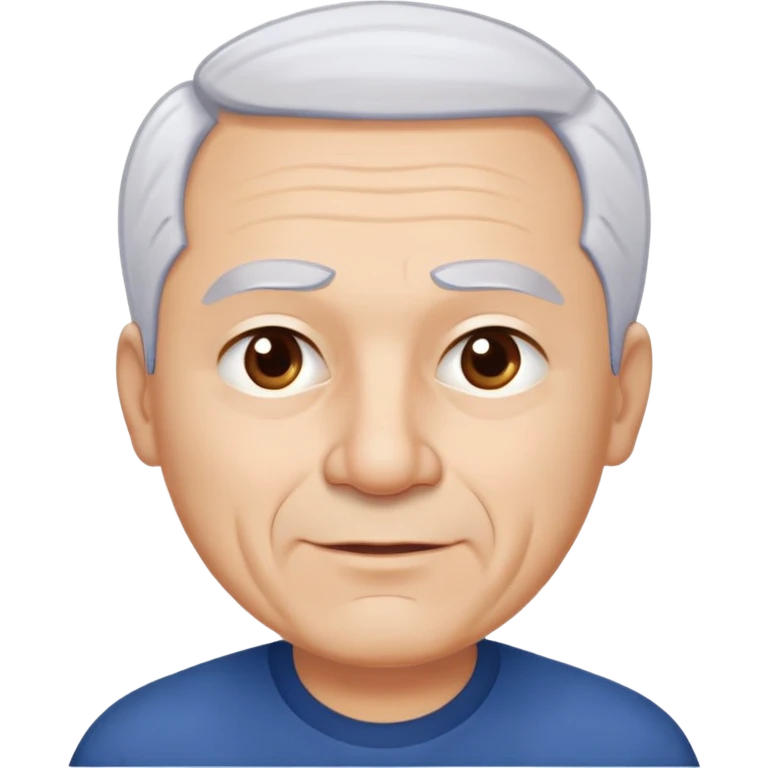 Charismatic older Hispanic man with light skin, round face, wide jaw. Lively dark brown eyes that look humorous. Thick straight eyebrows. Short white hair with receding hairline. Clean-shaven. Wearing a dark blue shirt. emoji