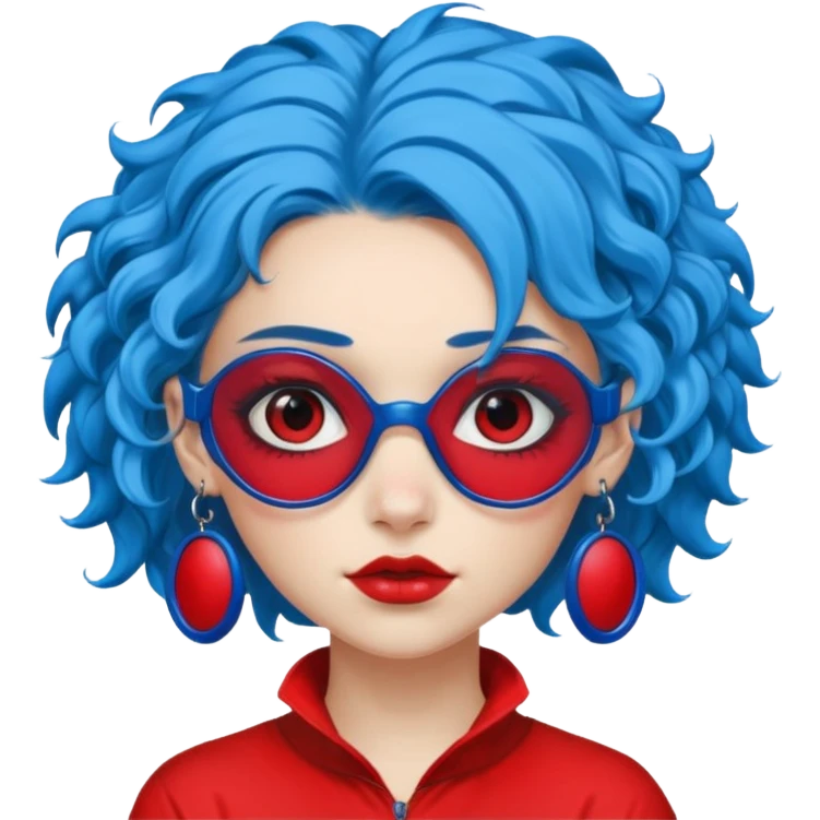 blue curly haired girl with huge earrings, wearing red paintball eye protection, only face  emoji