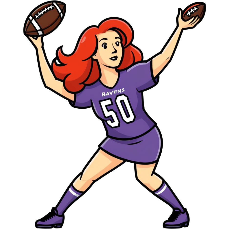 Make a sticker of a 50 year-old attractive woman throwing a football. She has long red hair and she’s saying go ravens emoji