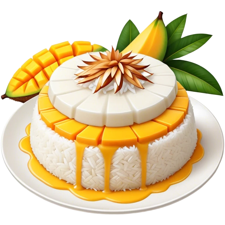 Mango Sticky Rice Cinematic Realistic Mango Sticky Rice Dessert Emoji, depicted as sticky rice drizzled with coconut milk topped with a layer of coconut cream, accompanied by sliced mango on the side of the plate, rendered with vivid textures and warm, tropical lighting. emoji