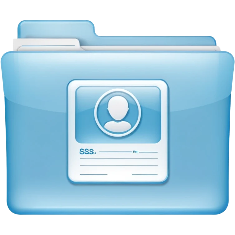 A simple emoji-style icon of a transparent plastic folder, clean and minimal, with rounded corners, subtle translucency, soft shading, and a small official documents symbol representing birth certificate, and SS. emoji