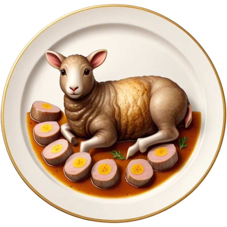 Roast Lamb Cinematic Realistic Roast Lamb Dish Emoji, depicted as thinly sliced roast lamb arranged artfully on a plate, rendered with rich textures and warm, inviting lighting. emoji