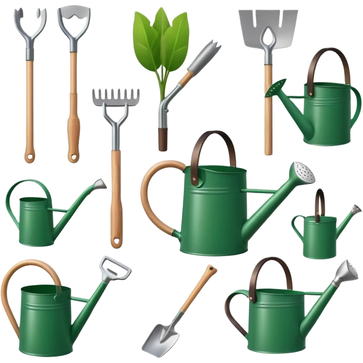 gardening tools collection with shovel rake watering can emoji