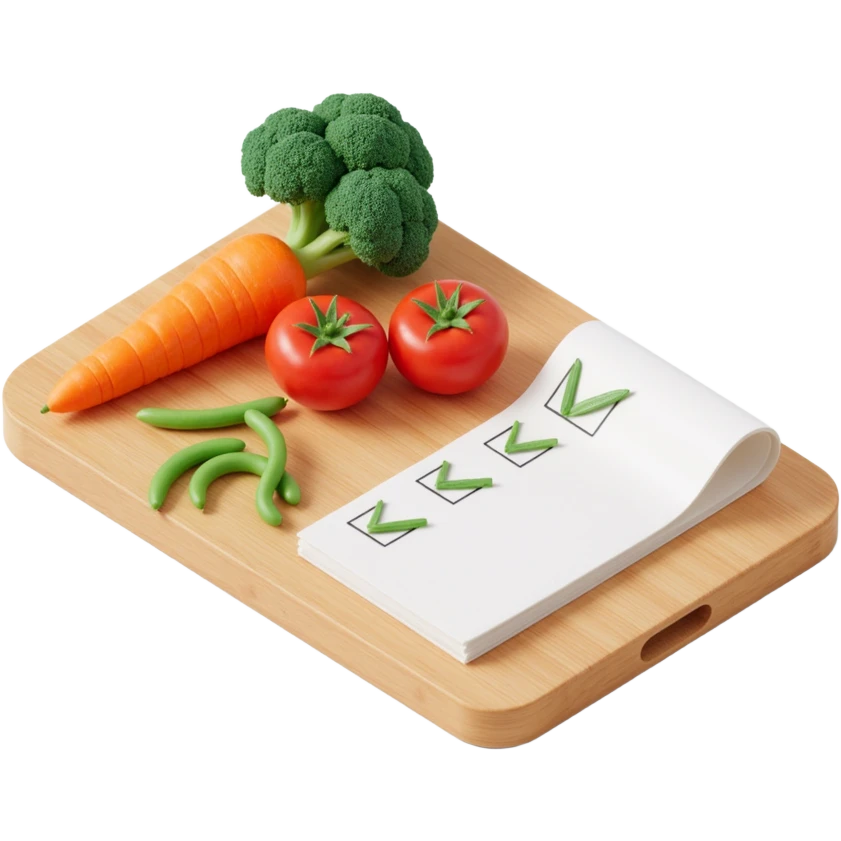 3D isometric illustration of a wooden cutting board with fresh vegetables (carrot, broccoli, tomato, peas), a paper grocery list with checkboxes, soft lighting, realistic textures, floating shadows, minimalistic style, dark background, modern food planning app aesthetic emoji