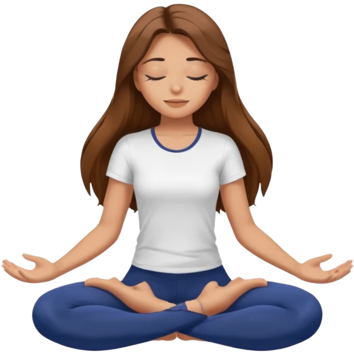 Brown long haired girl with closed eyes in dark blue leggings and a white t-shirt sits on the splits emoji