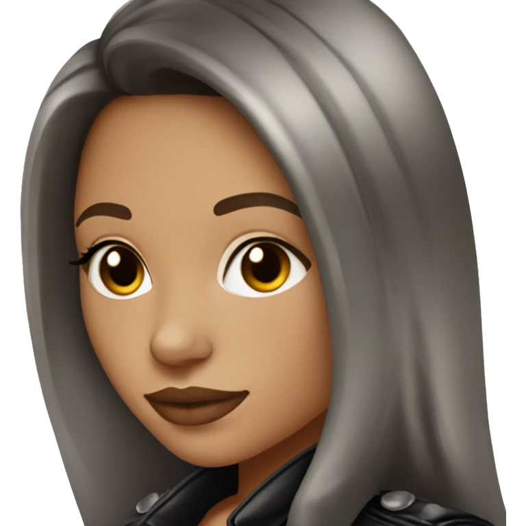 Light skin Glamour brunette in leather jacket long dark hair and silver hoop earrings emoji