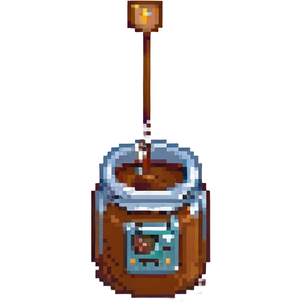 8-bit pixel art emoji, IV bag filled with brown coffee in a coffee cup connected emoji