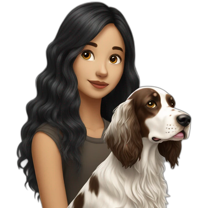 hyperrealist caucasian girl black long hair with brown english setter dog emoji