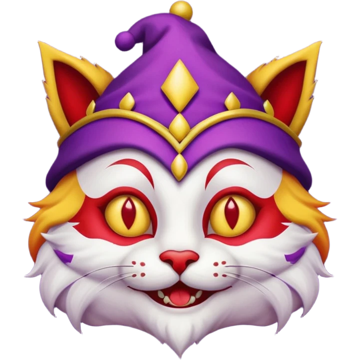 crazy colorful cute little cat jolly joker from poker, medieval, vintage, court jester, mac os icon, purple, yellow and red color, half body emoji