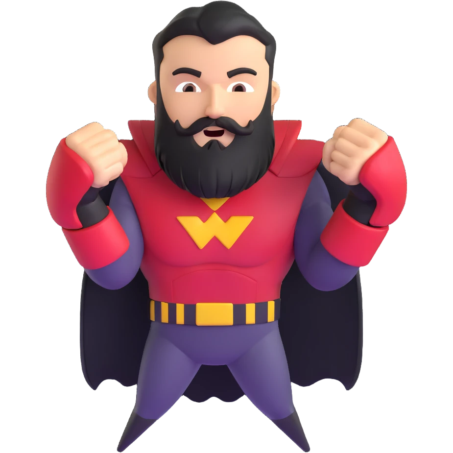 superhero with beard shaped like fists, punching with his beard emoji