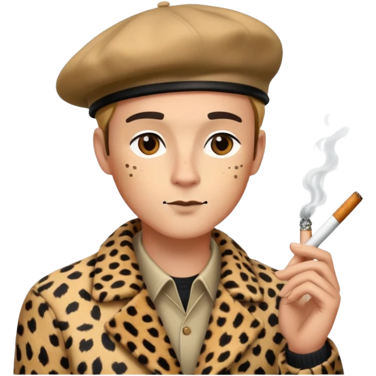 Create a man being sneaky with a beret and a cheetah print jacket and a cigarette  emoji