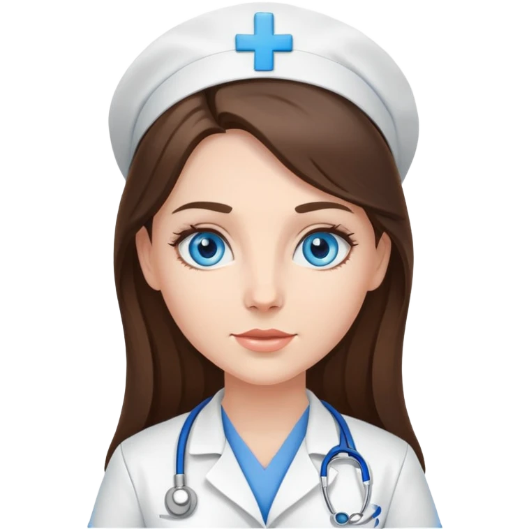 Female nurse, long brunette hair, blue eyes emoji